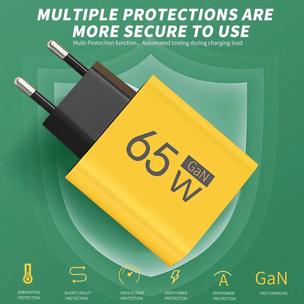 Gan 65W Fast Charger USB Type C PD QC3.0 Quick Charging Charger Mobile Phone Adapter for Iphone 15 16 Pro Xiaomi Samsung Huawei